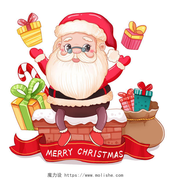 圣诞节圣诞老人坐在烟囱上派送礼物卡通画卡通平安夜圣诞节元素